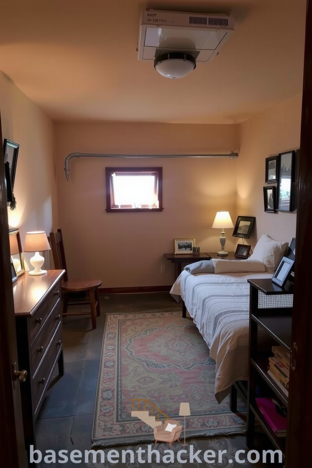 Inviting basement bedroom featuring a queen-sized bed with soft linens, rustic wooden headboard, patterned area rug, and a bedside lamp, designed for a cozy and organized home. Discover innovative basement makeover ideas for a stunning revamp on basementhacker.com.
