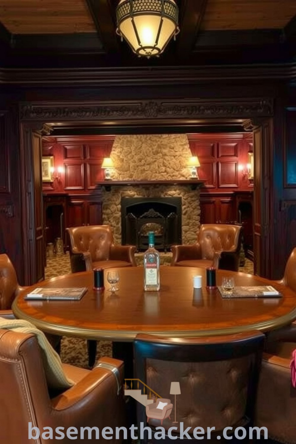 Elegant luxury basement whiskey lounge with mahogany paneling, plush leather chairs, and a polished oak table, featuring vintage sconces and a stone fireplace, for innovative basement makeover ideas for a stunning revamp, displayed on basementhacker.com.