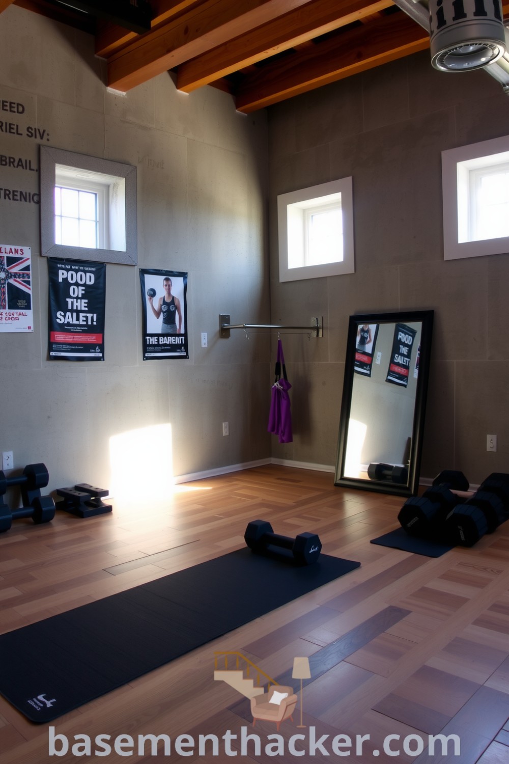 Cozy basement fitness room with wooden flooring, exercise equipment, natural light from high windows, and motivational posters, featured on basementhacker.com.