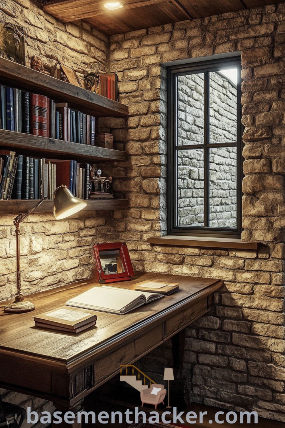 Classic basement home office with a wooden desk, stone wall, flickering lamp, and books on shelves, providing ideas for a cozy and organized home showcased on basementhacker.com.