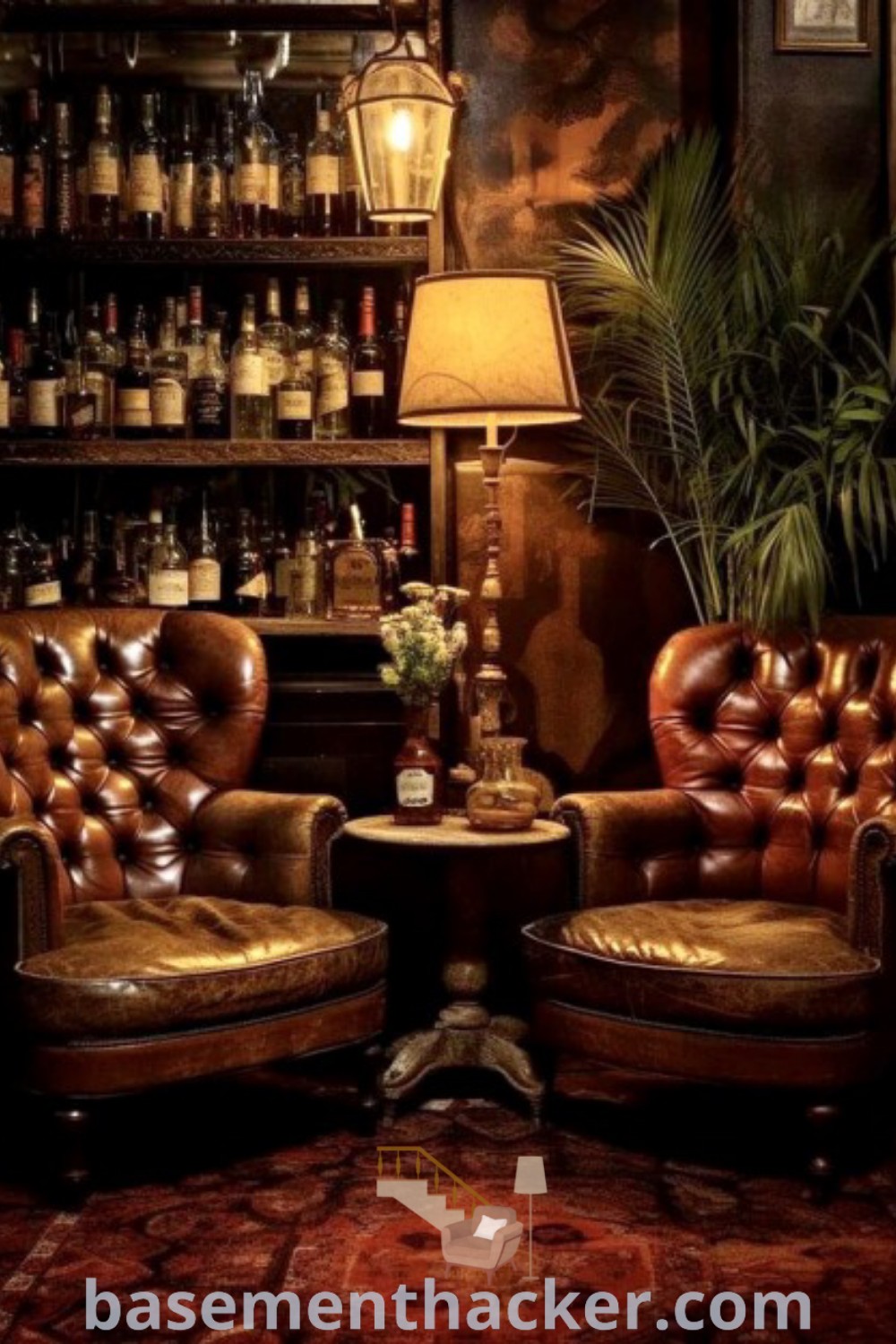 Two leather chairs nestled in front of a whiskey shelf in a chic speakeasy room, evoking a stylish atmosphere perfect for entertaining. This design incorporates elements of a whiskey library and ideas for a cozy lounge. Discover more basement makeover inspirations at basementhacker.com.