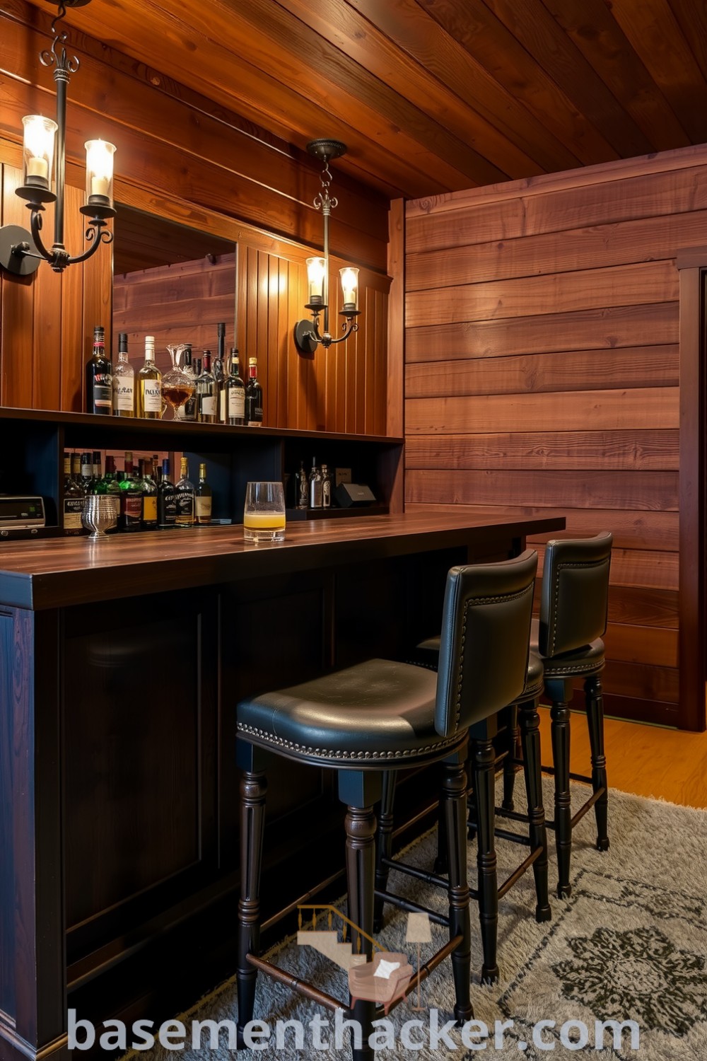 Cozy basement whiskey lounge with rich wood walls, a dark oak bar, and leather stools, illuminated by vintage sconces, ideal for ultimate entertaining and stylish bonus space ideas, featured on basementhacker.com.