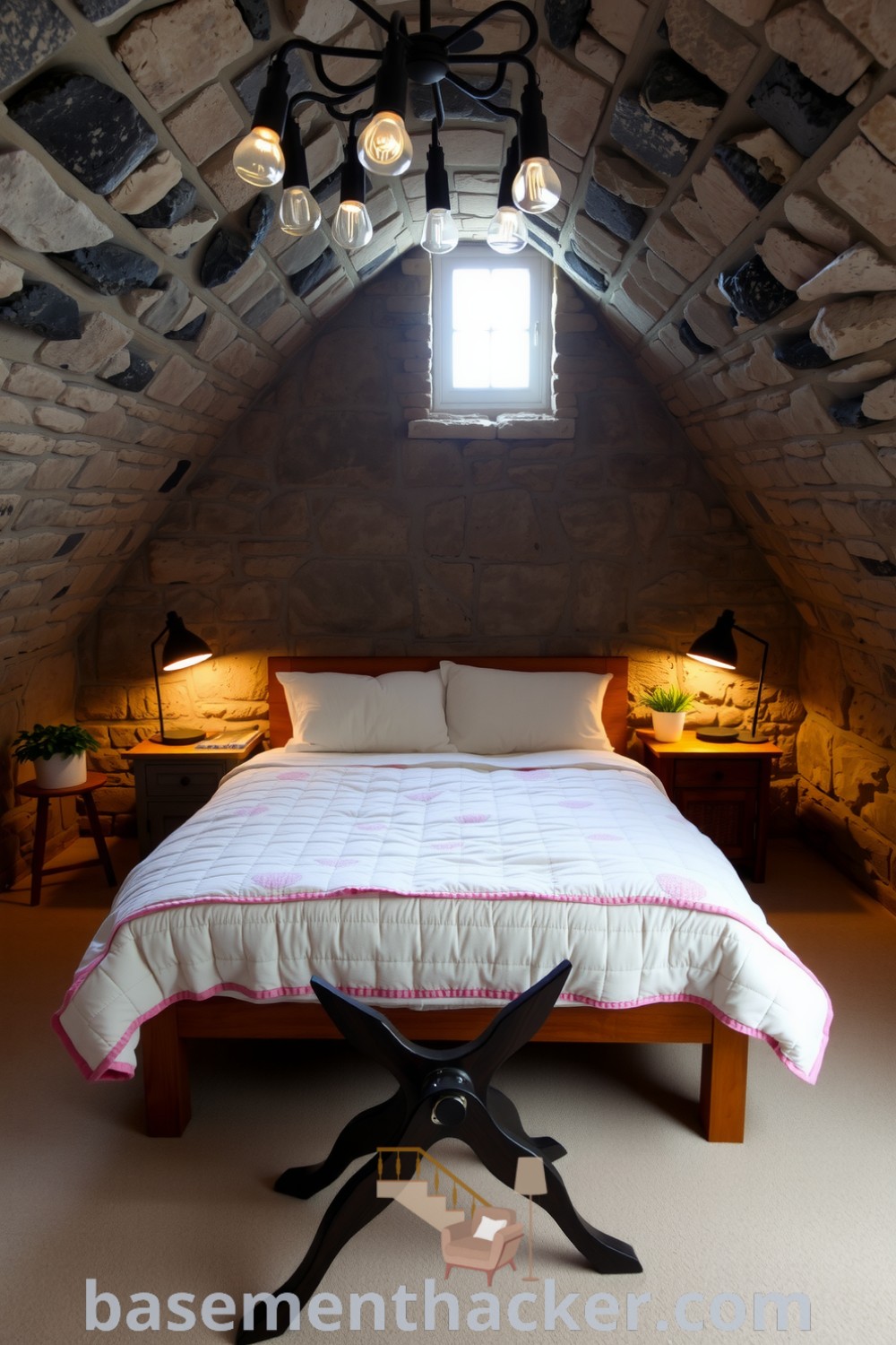 Innovative basement bedroom design featuring exposed stone walls, vintage lighting, pastel quilt, and potted plants, ideal for creating a cozy and organized home space, highlighted on basementhacker.com.