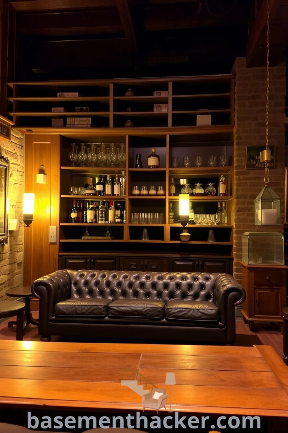 Elegant basement whiskey lounge with wooden beams, stone walls, a leather tufted sofa, and antique furniture, providing innovative ideas for designing a cozy retreat, featured on basementhacker.com.