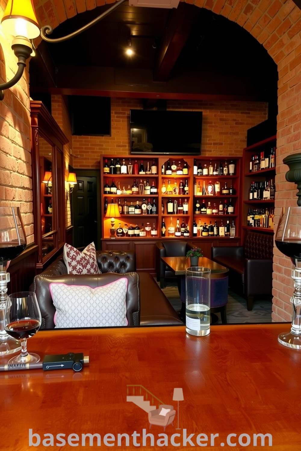 Cozy basement whiskey lounge featuring exposed brick walls, warm lighting, leather seating, and a polished bar top for ultimate entertaining, showcased on basementhacker.com.