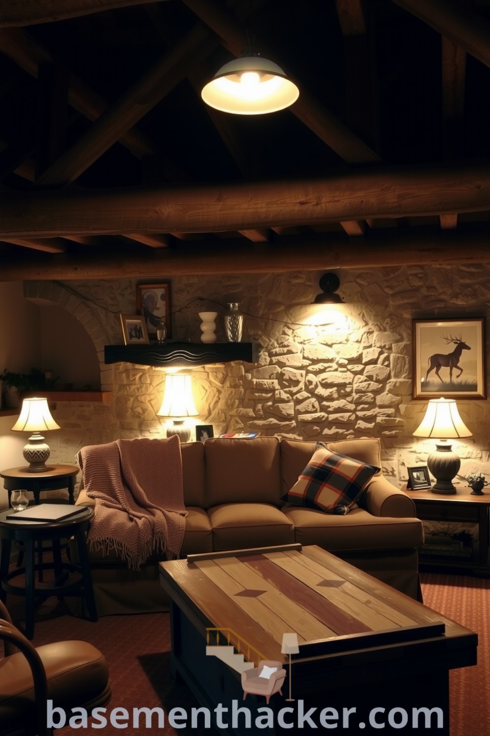 Cozy basement living room featuring exposed wooden beams, plush oversized couch, weathered coffee table, and soft ambient lighting, ideal for stylish and functional home design, featured on basementhacker.com.