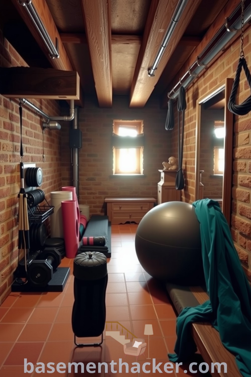 Cozy basement home fitness room with wooden beams, terracotta tiles, organized free weights, and a large mirror reflecting natural light, ideal for workouts and relaxation, showcased on basementhacker.com.