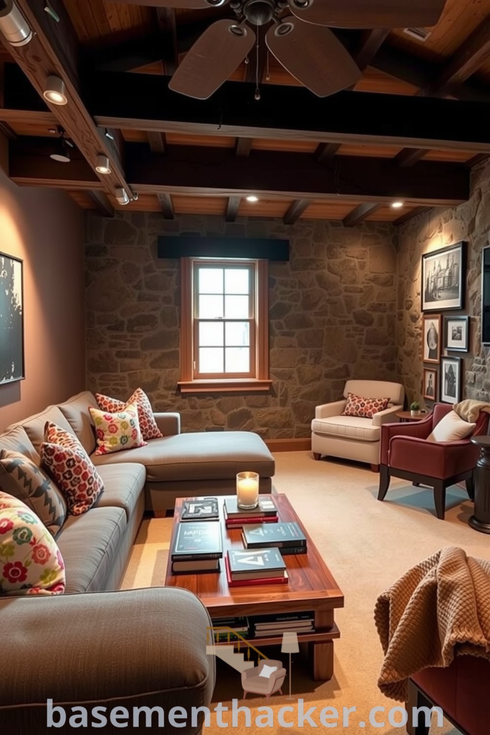 Cozy and stylish basement living room featuring a gray sofa with colorful throw pillows, ambient lighting from a high window, stone walls, and a wooden coffee table adorned with books and a candle, perfect for family time or entertaining, showcased on basementhacker.com.