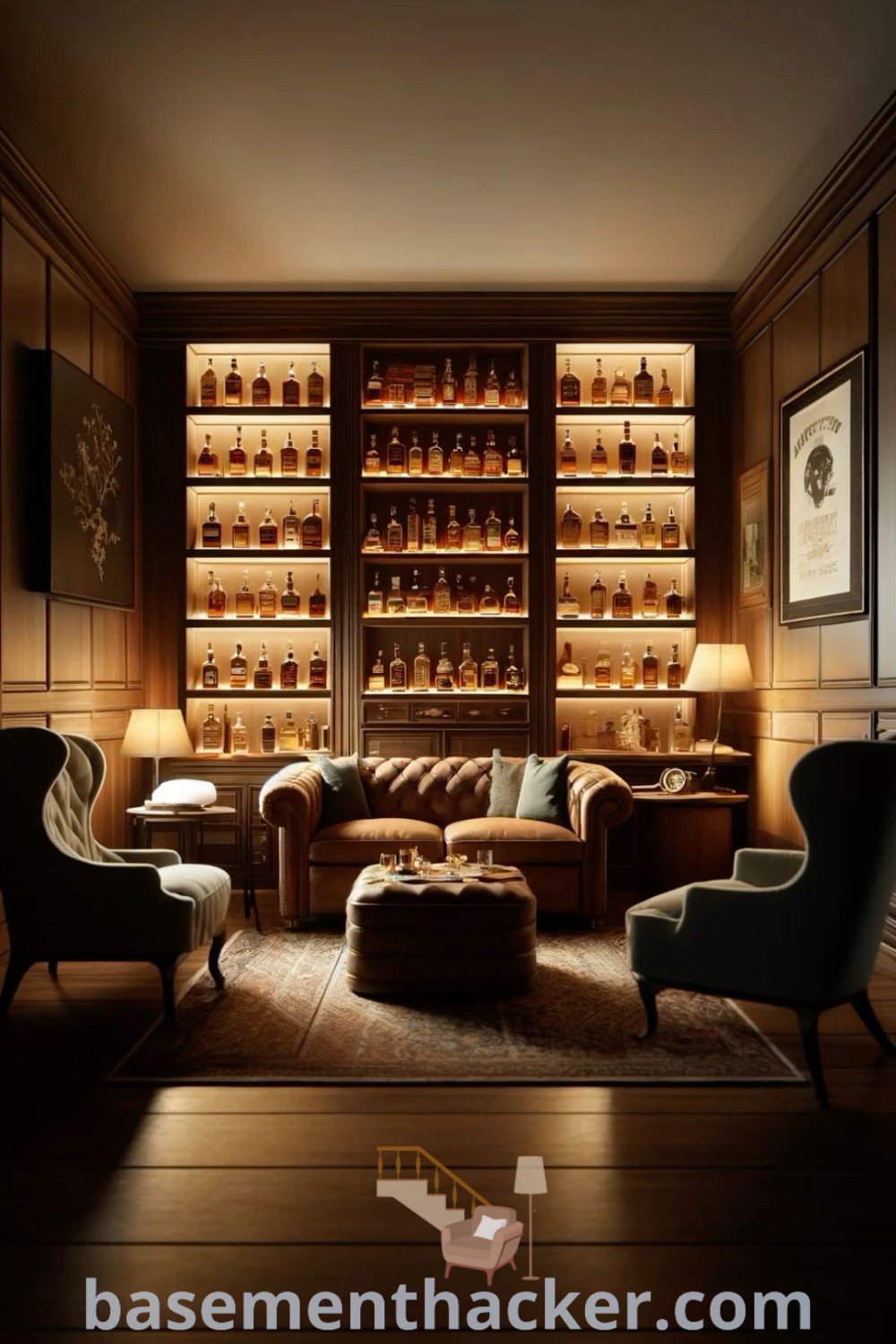 A living room filled with furniture next to a bookshelf full of bottles, embodying a stylish whiskey room design ideal for entertaining. This cozy area showcases innovative ideas for designing a bourbon room man cave, offering a perfect blend of functionality and decor. Find more inspiration at basementhacker.com.