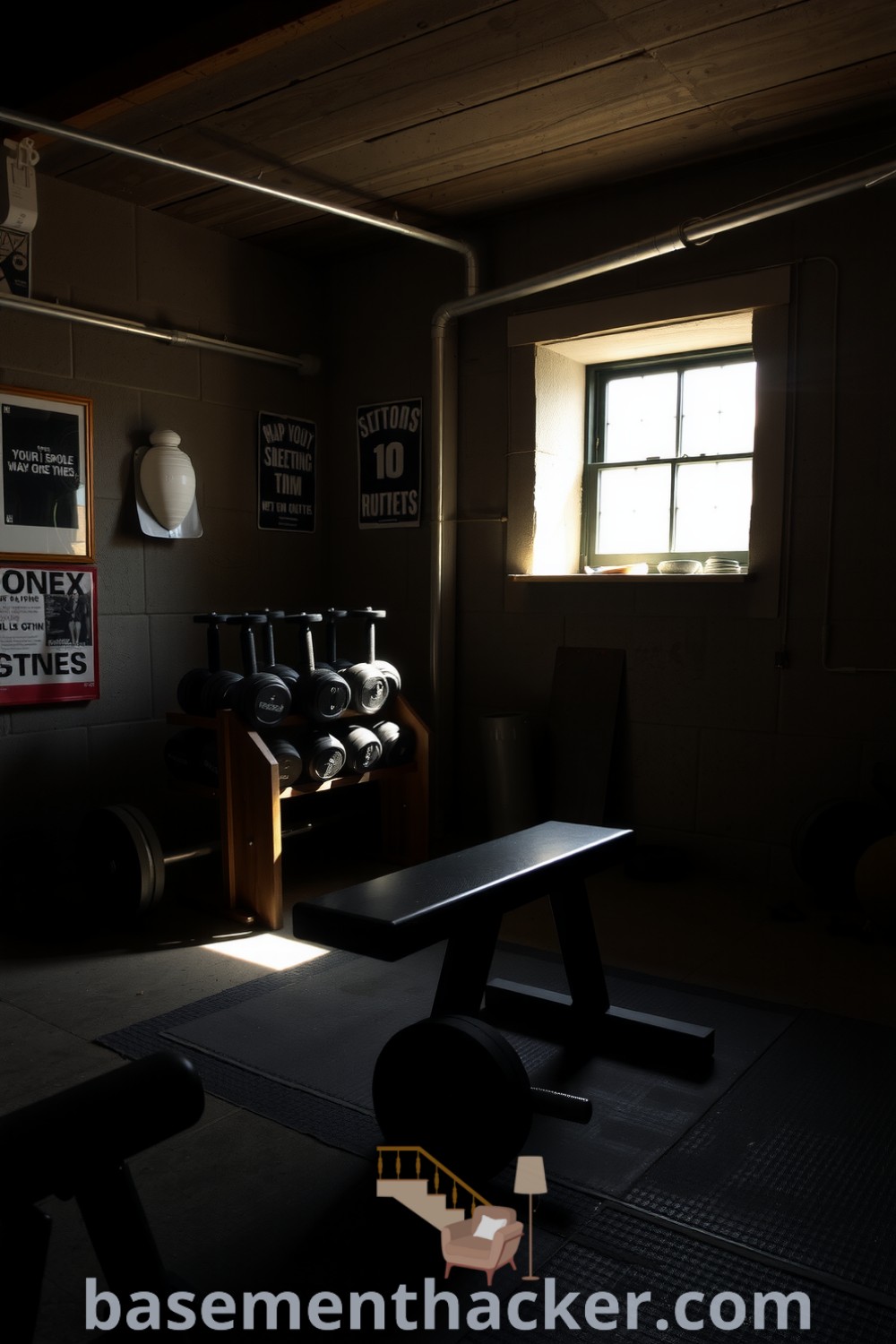 Basement gym featuring a wooden weight rack, motivational posters, and a metal bench press, illuminated by sunlight, ideal for fitness enthusiasts, showcased on basementhacker.com.