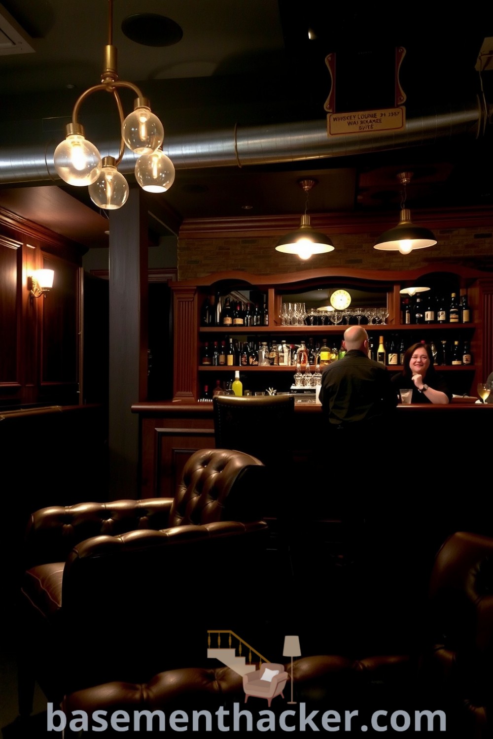 Dimly lit whiskey lounge bar in a basement featuring rich wood paneling, plush leather chairs, and an ornate wooden bar, perfect for ultimate entertaining, showcased on basementhacker.com.