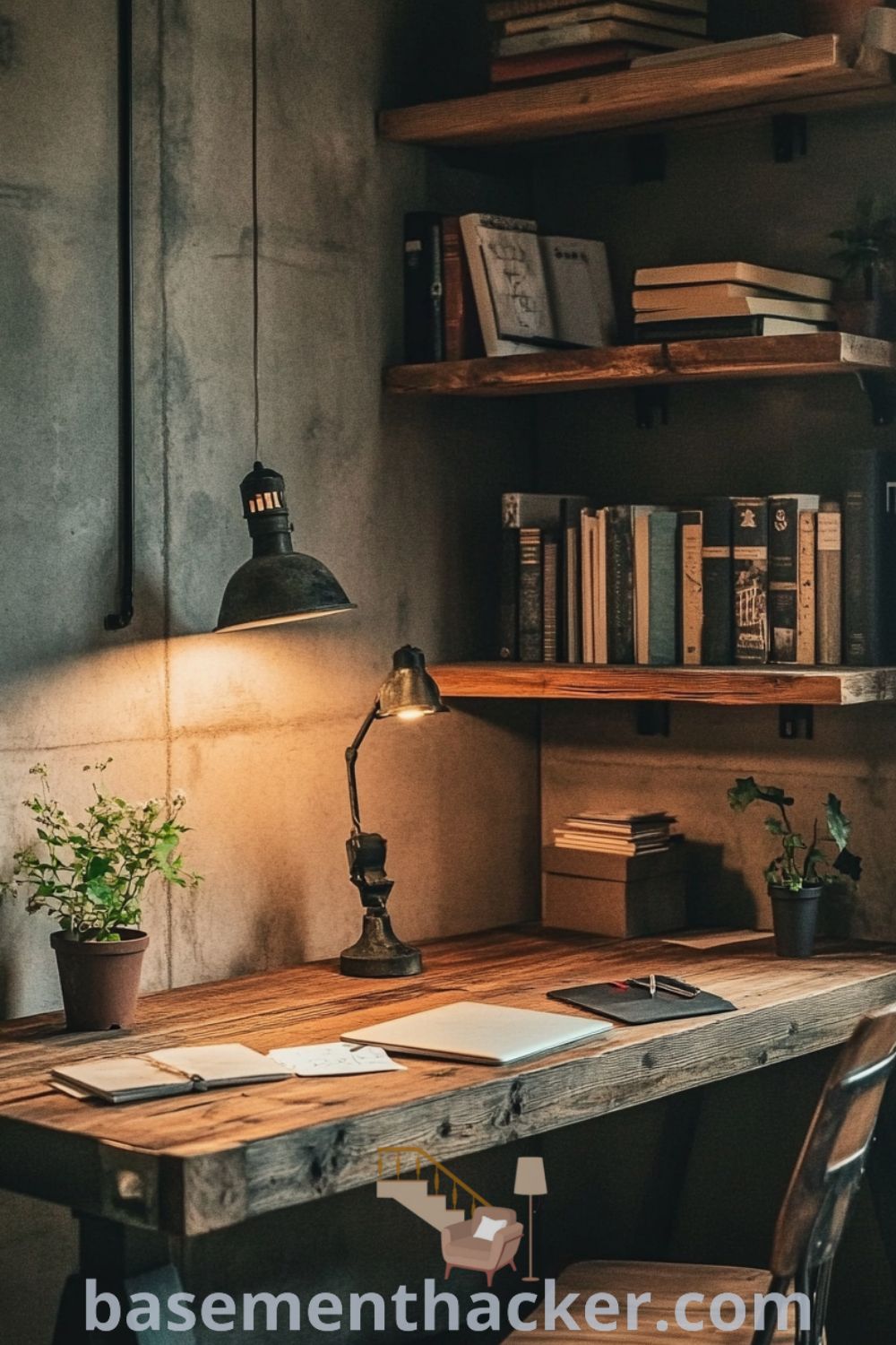 Snug basement office featuring a reclaimed wood desk, concrete walls, industrial metal fixtures, bookshelves, and potted plants, designed for a stylish and functional home. Discover innovative basement makeover ideas for a stunning revamp at basementhacker.com.