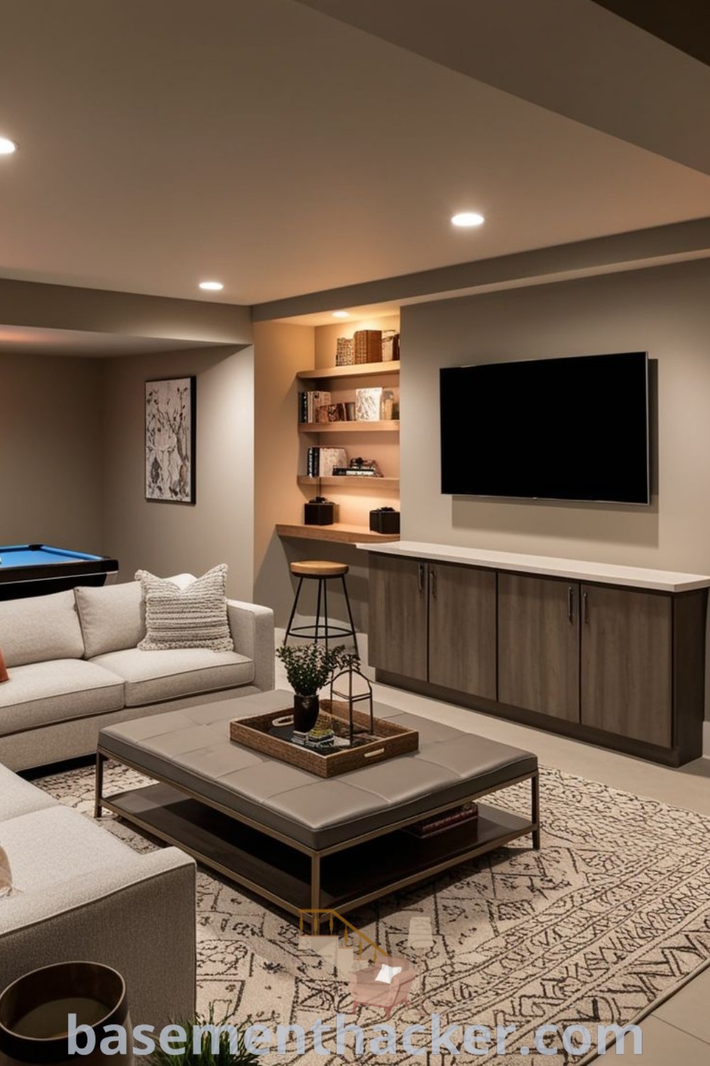 A cozy basement entertainment room featuring stylish furniture, a flat-screen TV on the wall, and a pool table, ideal for family game nights. Discover innovative basement makeover ideas for designing a stylish and functional home space at basementhacker.com.