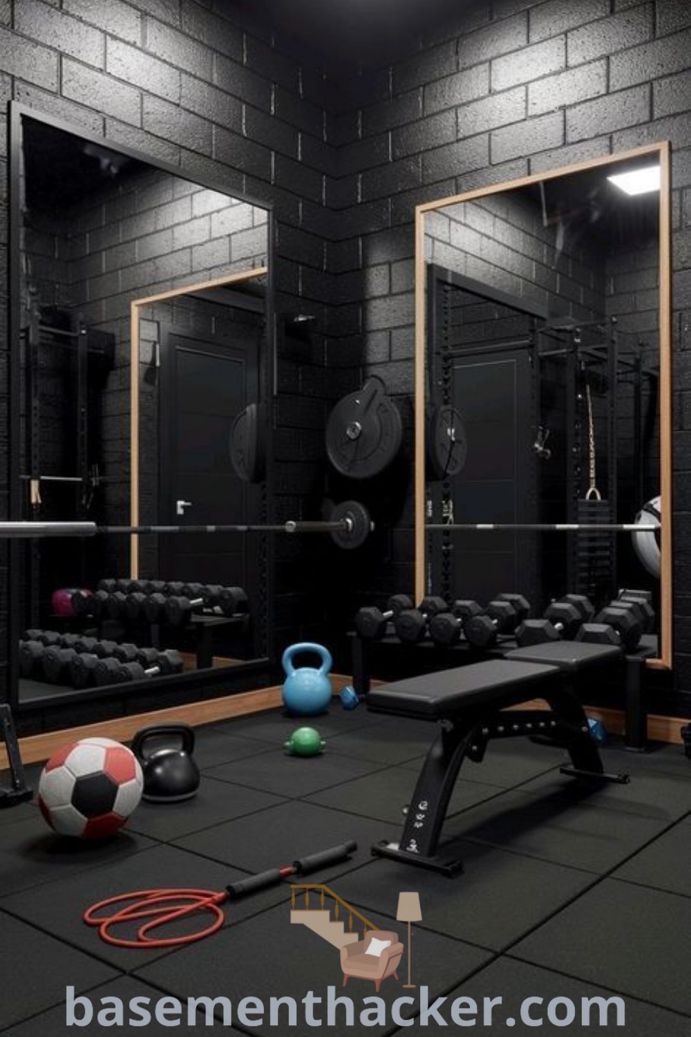 A spacious black garage gym with mirrors and exercise equipment on the floor, showcasing innovative ideas for designing a functional home gym. This stylish space highlights best practices for creating a cozy and organized workout environment. Discover more inspiration at basementhacker.com.