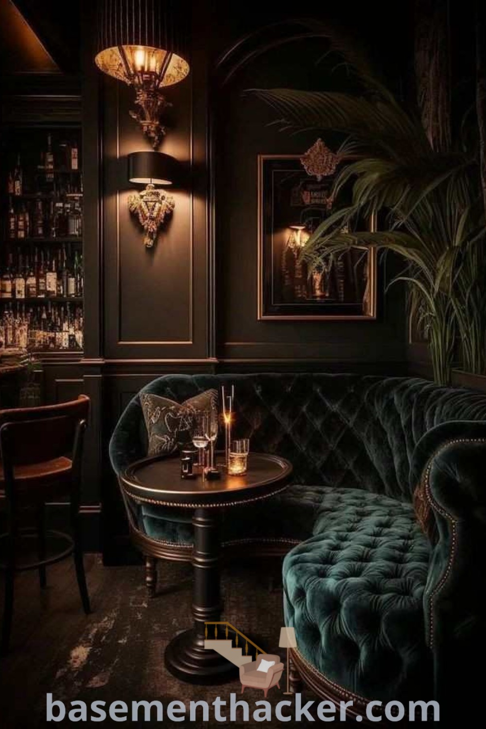 A dark room with green velvet couches and tables, embodying the Goth cafe aesthetic and modern living room design for a stylish bonus space, perfect for entertaining. This inspiring atmosphere reflects innovative ideas for designing a speakeasy library or living room, featured on basementhacker.com.