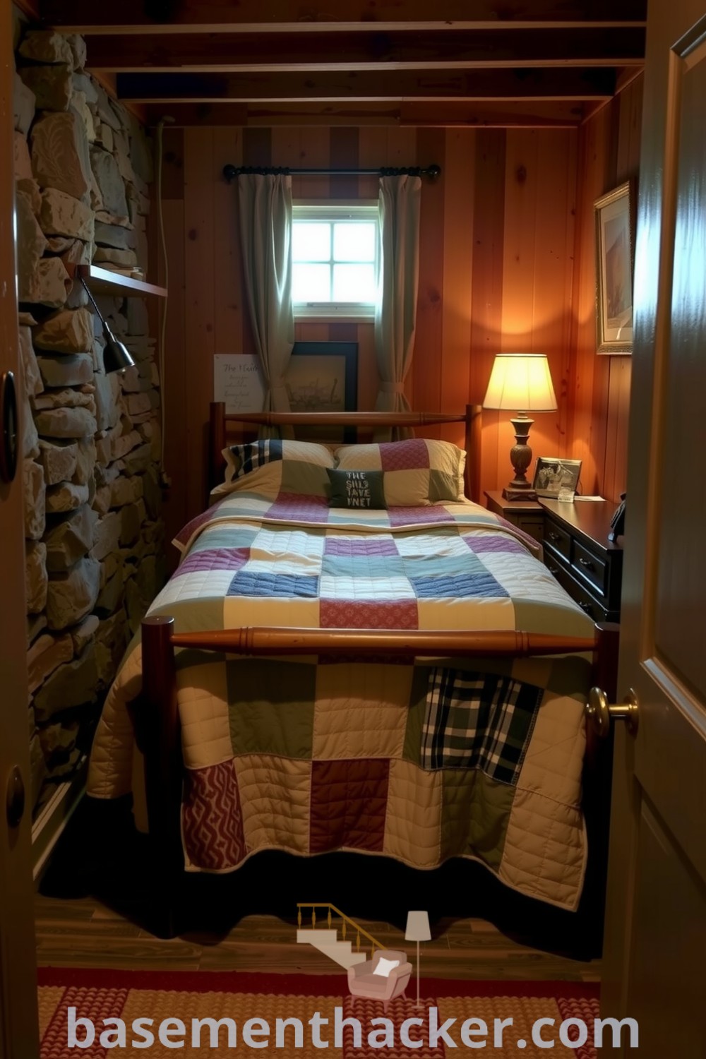Cozy basement bedroom with a wooden bed frame, worn quilt, exposed stone walls, wood paneling, and soft lighting for a peaceful retreat, featured on basementhacker.com.