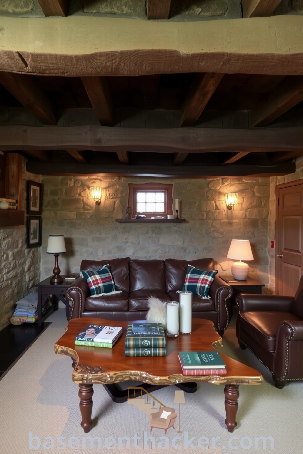 Charming rustic basement living room featuring exposed stone walls, rough-hewn beams, a worn leather sofa with plaid throws, and a vintage coffee table, providing innovative ideas for designing a cozy and organized home on basementhacker.com.