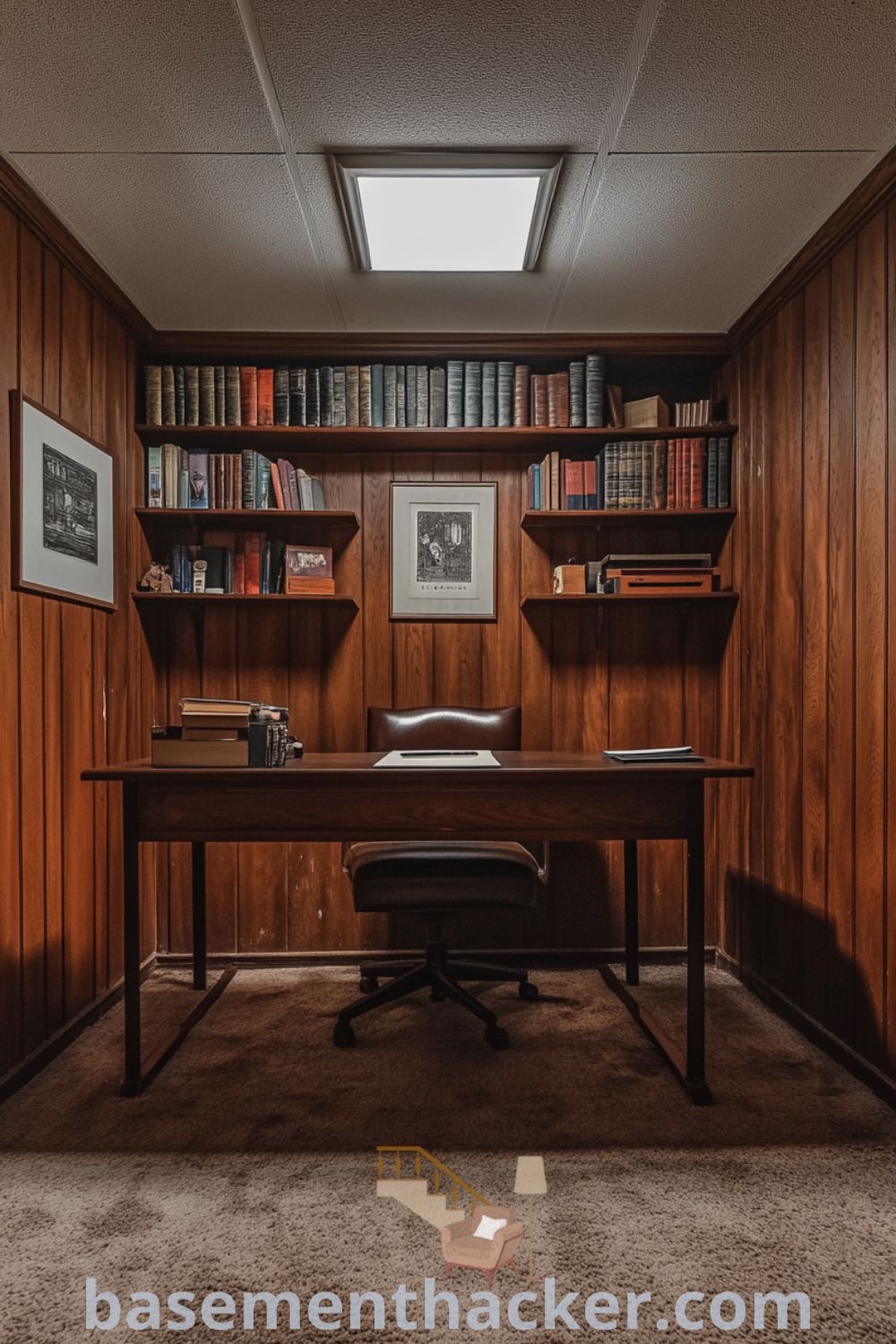 Cozy basement home office featuring warm wood paneling, dark oak desk, bookshelves, and a soft-glowing ceiling window, perfect for innovative ideas for designing a stylish and functional home office, showcased on basementhacker.com.