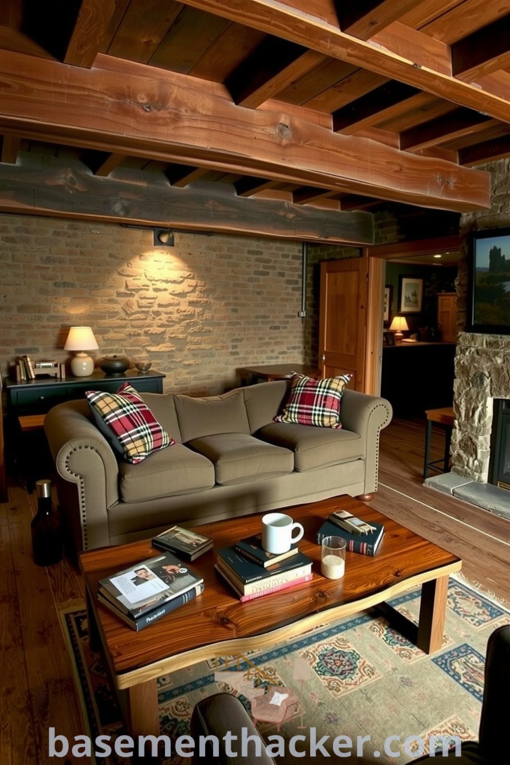 Charming rustic basement living room featuring a plush oversized couch with plaid pillows, warm stone walls, reclaimed wood coffee table, and a fireplace, ideal for cozy evenings and intimate gatherings, showcased on basementhacker.com.