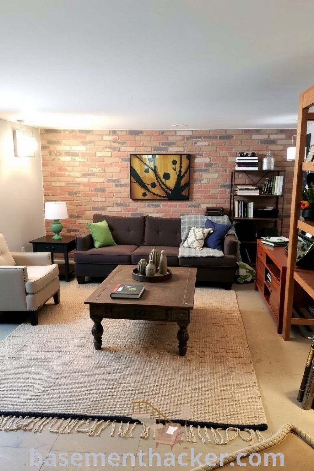 Stylish and cozy basement living room featuring a gray sofa, mismatched armchairs, exposed brick walls, and warm lighting, designed for ultimate entertaining and relaxation, showcased on basementhacker.com.