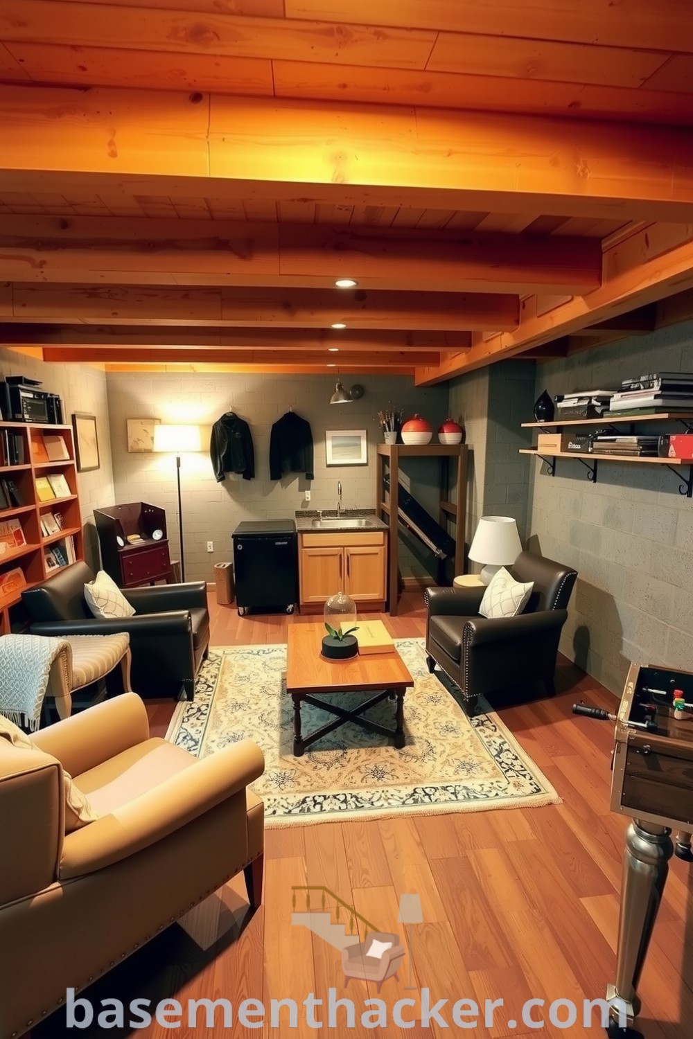 Inviting basement game room with wooden beams, ambient lighting, mismatched chairs, vintage coffee table, and foosball table for ultimate entertaining, featured on basementhacker.com.