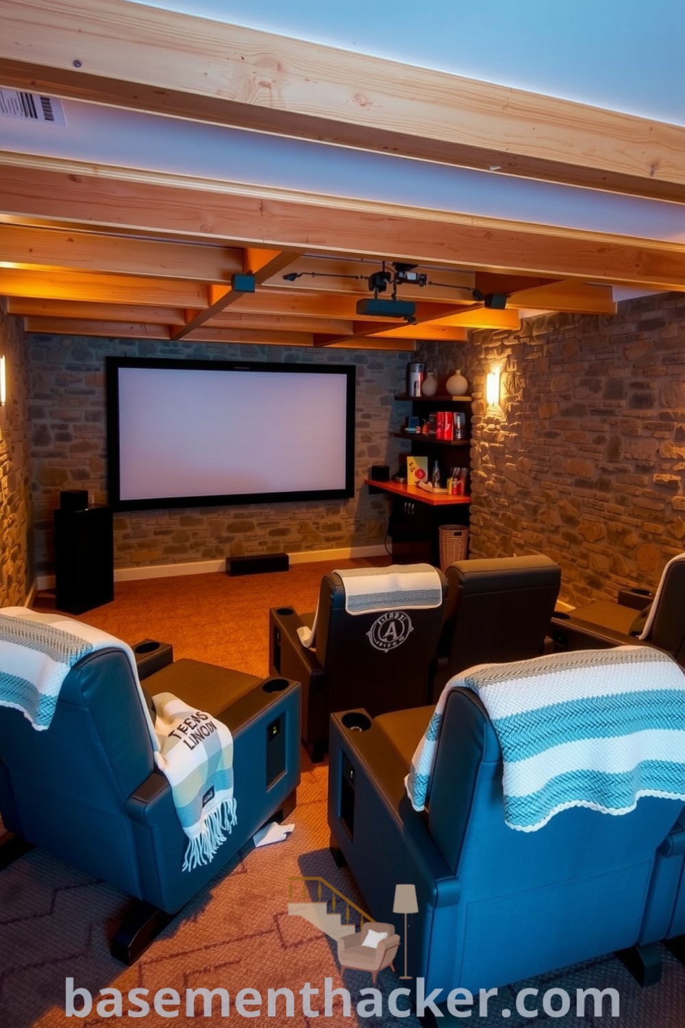 Charming basement cinema room with oversized recliners, exposed wooden beams, stone walls, and a snack bar for ultimate entertaining, showcasing innovative design ideas for a stylish bonus space on basementhacker.com.