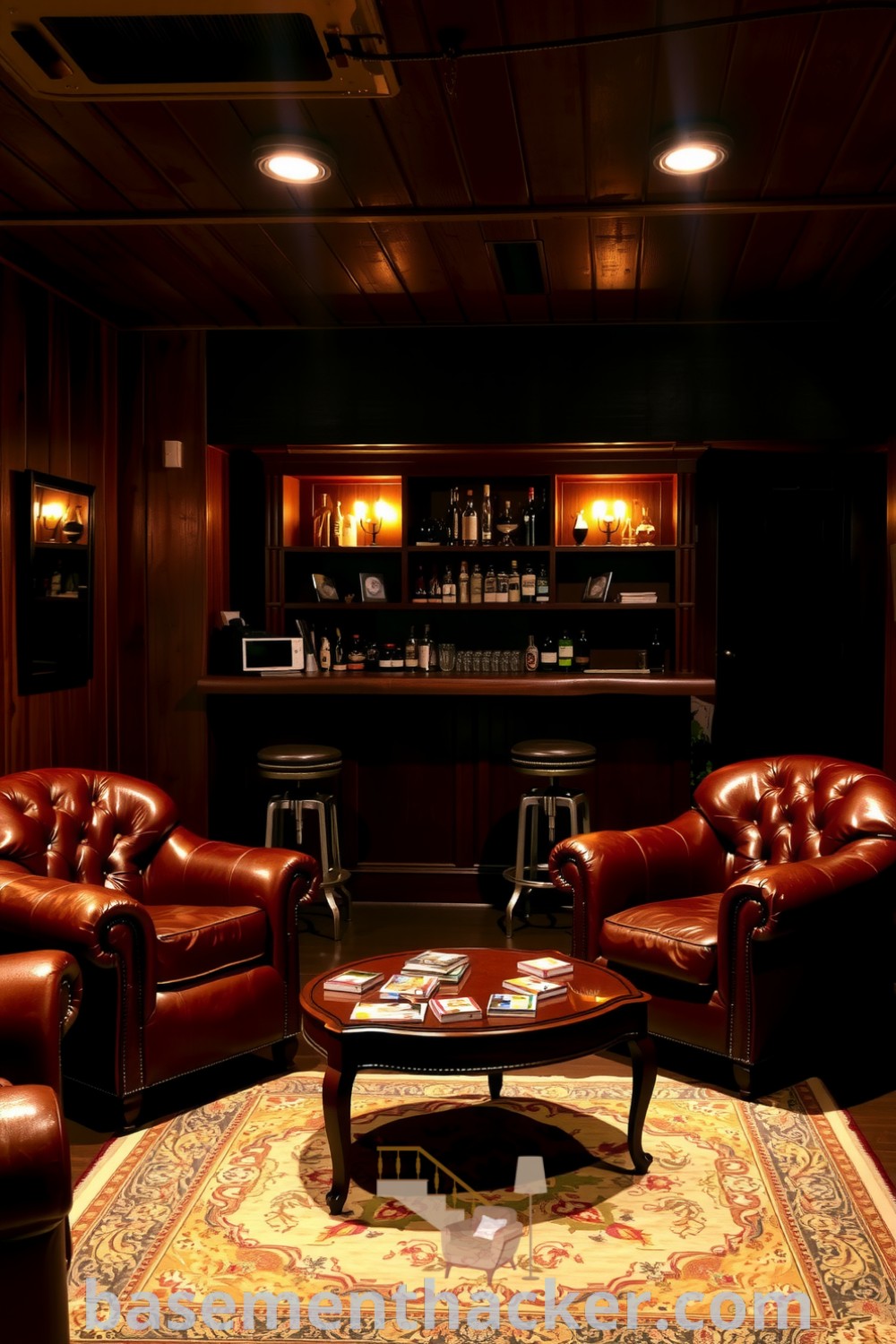 Intimate basement whiskey lounge with warm wood paneling, polished mahogany bar, plush leather armchairs, and vintage sconces for ultimate entertaining, showcased on basementhacker.com.