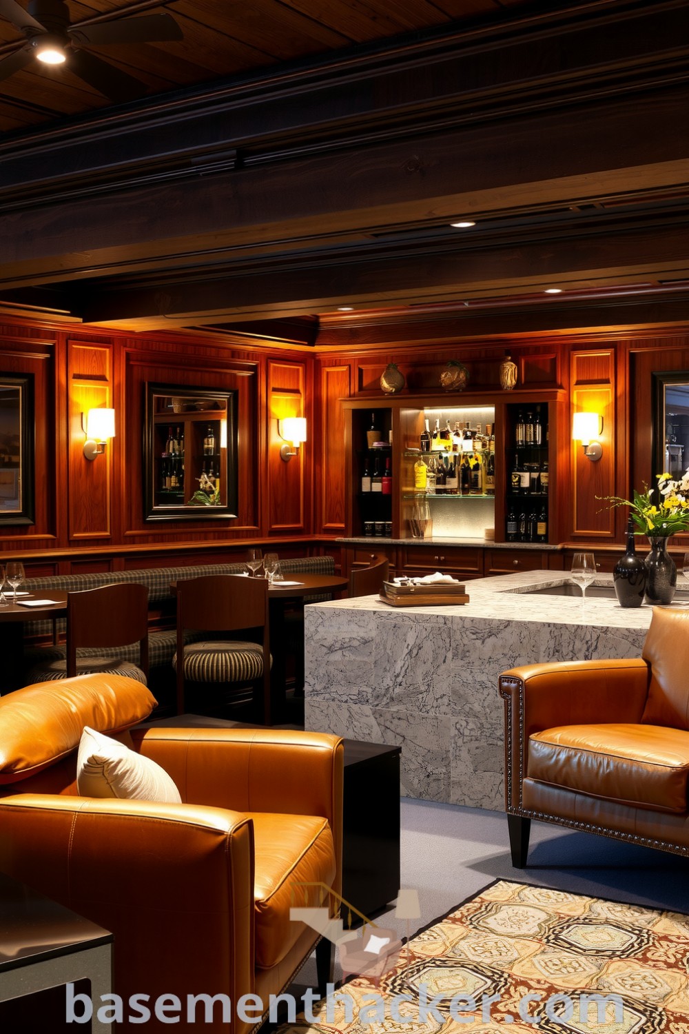 Cozy and elegant basement whiskey lounge with wooden paneling, leather armchairs, and a polished stone bar featuring a variety of whiskey bottles for ultimate entertaining, showcased on basementhacker.com.