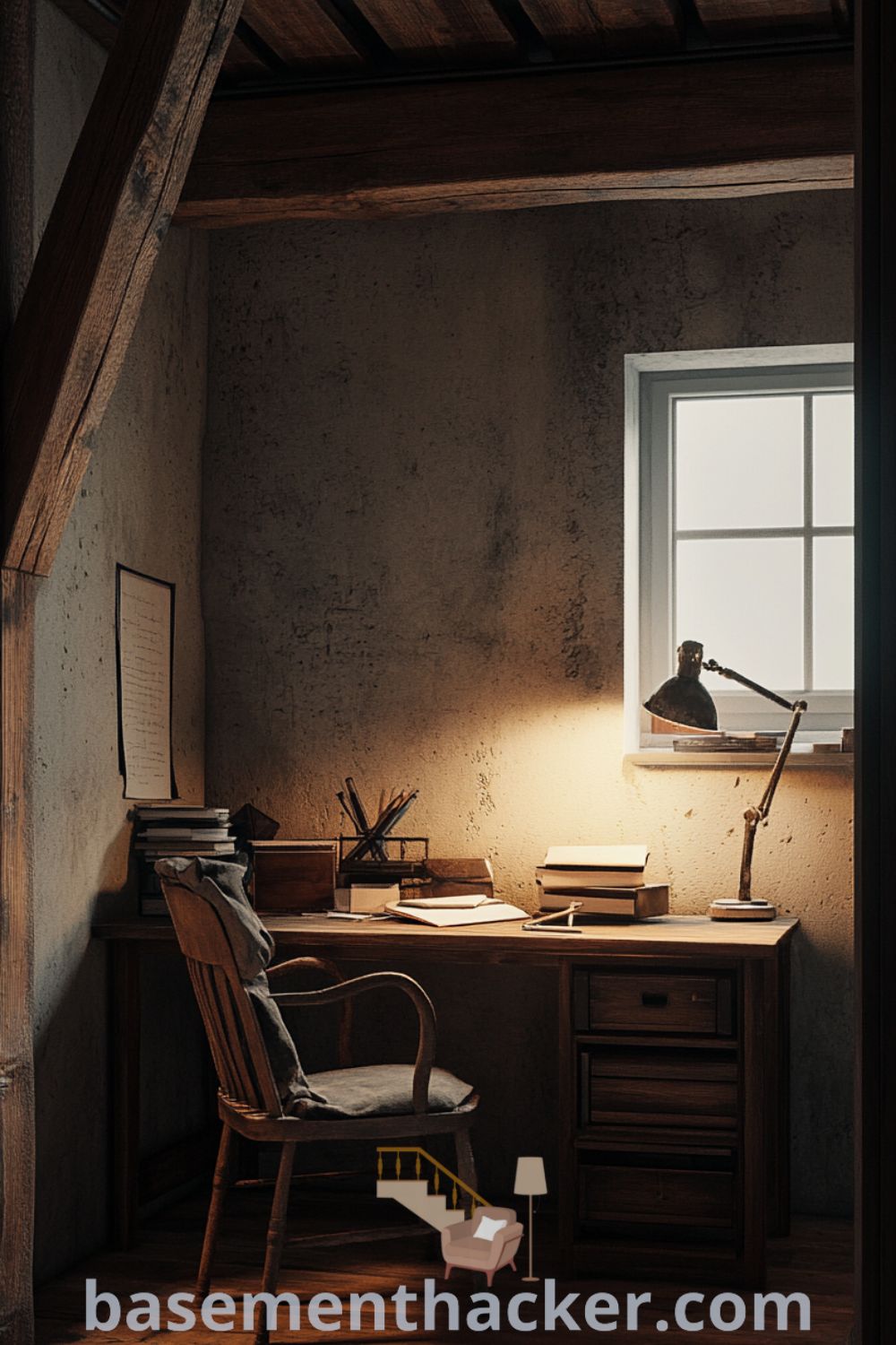 Stylish basement office featuring exposed wooden beams, a wooden desk with vintage lamp, and a cozy armchair, creating an intimate and functional workspace showcased on basementhacker.com.