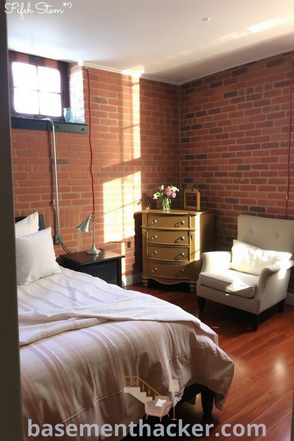 Warm basement bedroom featuring a full-sized bed with textured linens, natural light, exposed brick walls, vintage dresser with flowers, and a snug reading nook, perfect for a stylish and functional home design, found on basementhacker.com.