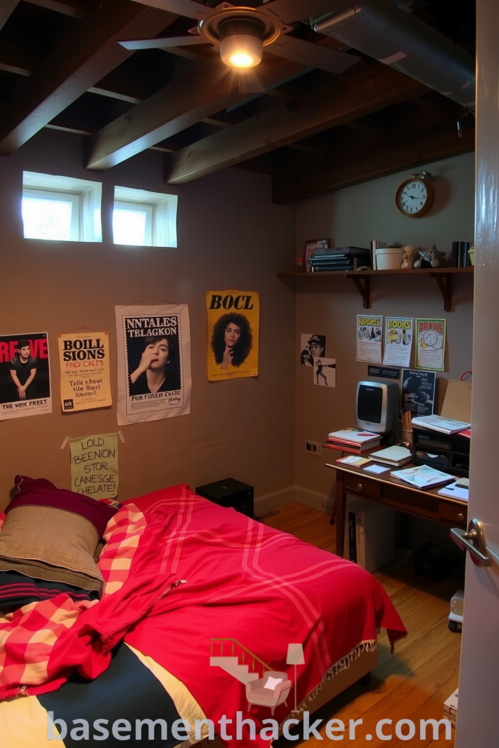 Basement bedroom with exposed wooden beams, ambient lighting, a plush unmade bed, and vintage wooden desk, ideal for relaxation and creativity, featuring innovative ideas for designing a stylish and functional home on basementhacker.com.