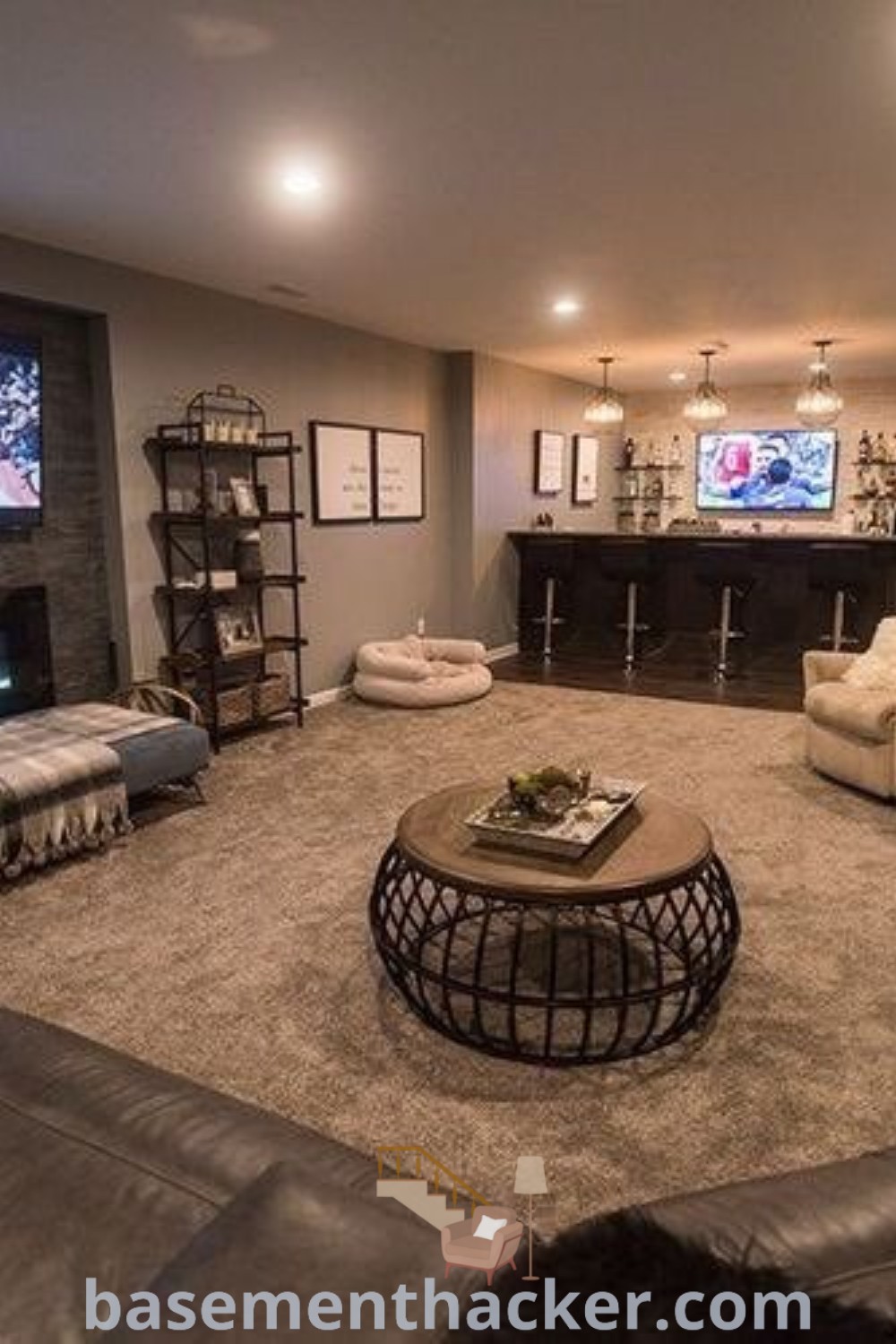 A beautifully furnished basement living room featuring a flat-screen TV mounted on the wall, stylish furniture, and decor ideas from basementhacker.com. Discover amazing basement design inspirations, perfect for remodeling your home and creating a cozy, functional space for family and friends. Explore the best basement remodeling ideas and stylish bonus room solutions!