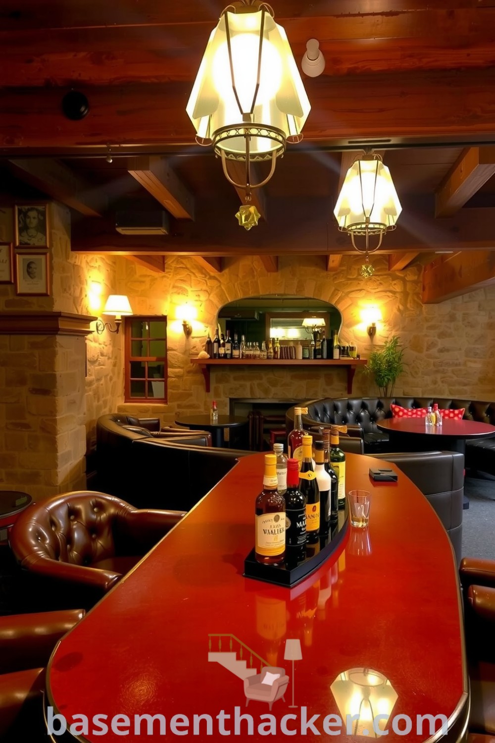 Charming basement whiskey lounge featuring exposed stone walls, wooden beams, amber lighting, and plush leather armchairs for cozy and intimate ambiance, ideal for ultimate entertaining, on basementhacker.com.