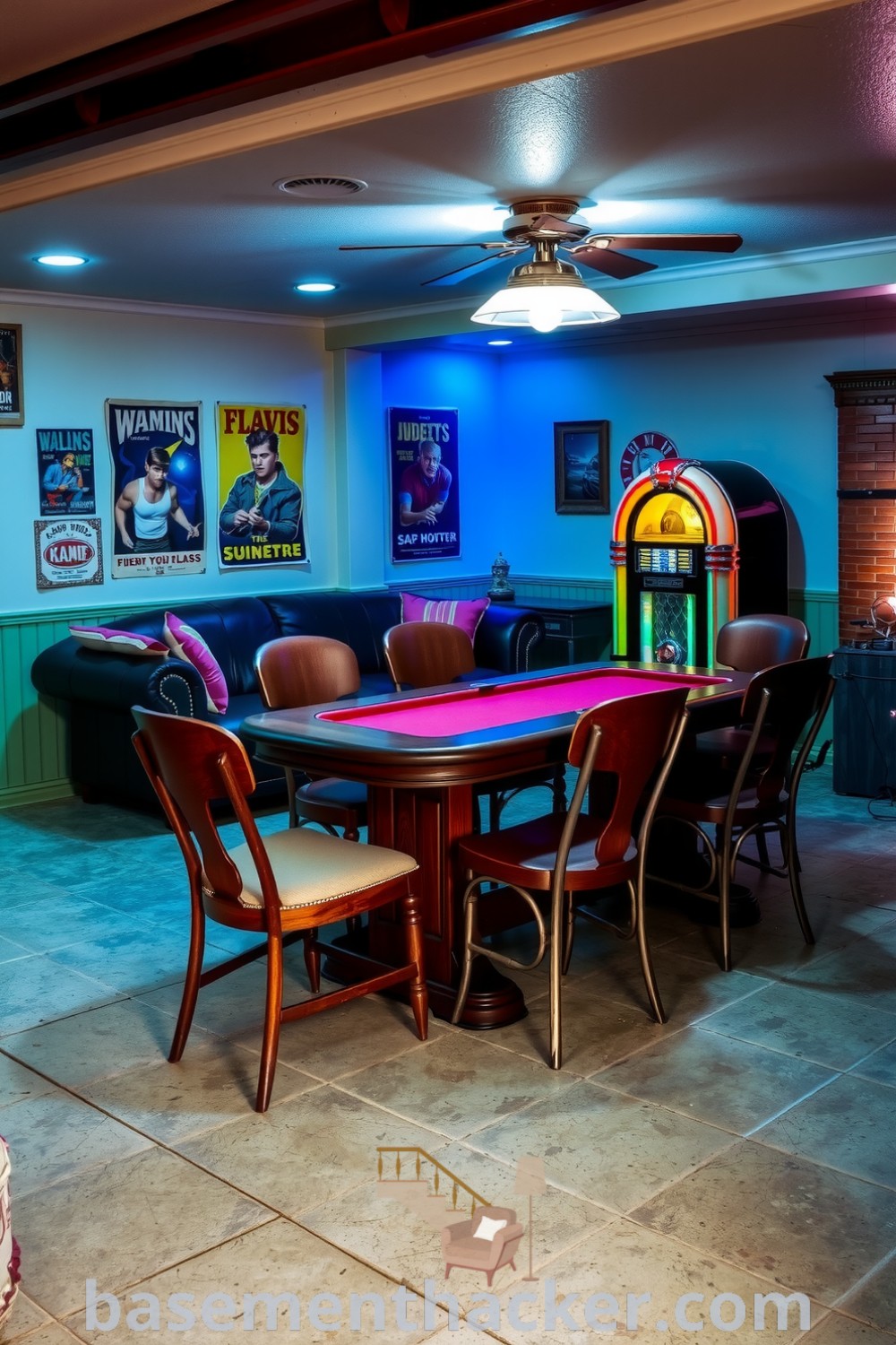 Inviting basement game room with a wooden poker table, mismatched chairs, vintage posters, leather sofa, and jukebox, perfect for ultimate entertaining and stylish bonus space ideas, featured on basementhacker.com.