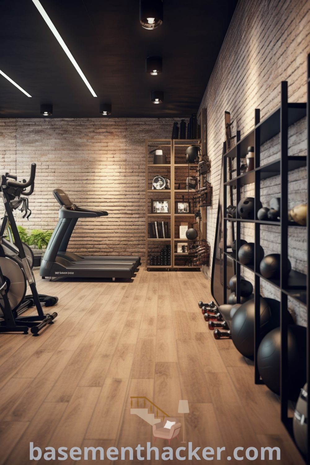 A stylish mini home gym showcasing modern design elements with fitness equipment, incorporating innovative ideas for designing functional spaces. This gym interior highlights basement and attic layouts while offering ideas for a cozy and organized workout area. Discover more home gym inspirations at basementhacker.com.