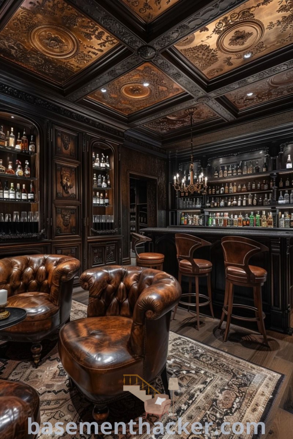 A luxurious private bar lounge with leather chairs and stools designed for ultimate entertaining. Featuring steampunk living room ideas and classy backdrops, this whiskey corner offers stylish bonus space ideas for home decor. Find innovative ideas for designing your own luxurious bar at basementhacker.com.