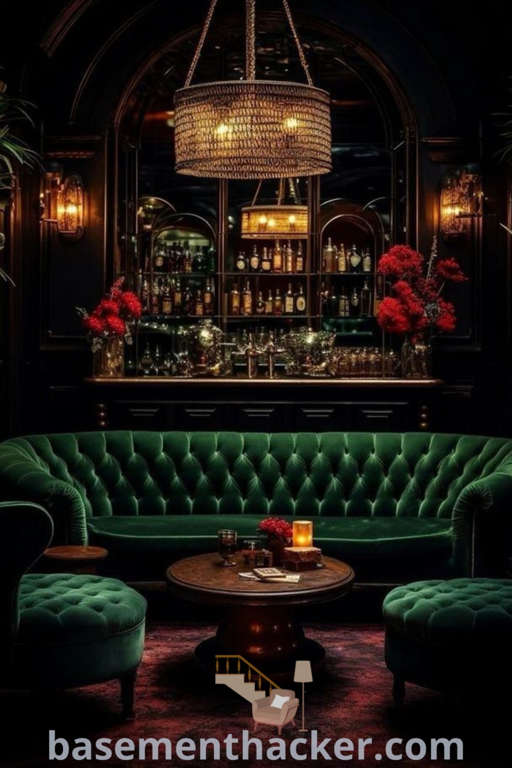 A living room showcasing green velvet corner sofas and an elegant chandelier, designed as an Art Deco cocktail lounge. This stylish basement cocktail lounge offers innovative ideas for a cozy and functional space, perfect for ultimate entertaining. Learn more about stylish basement makeovers at basementhacker.com.