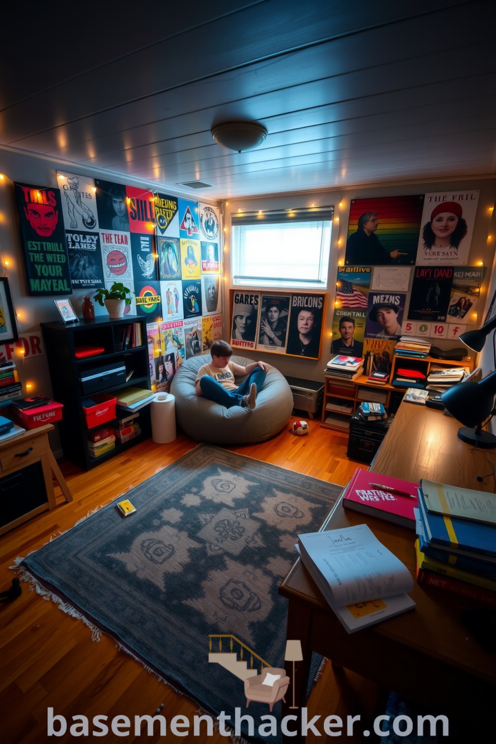 Cozy basement bedroom featuring band posters, fairy lights, a reading nook with a beanbag chair, and a cluttered desk, showcasing innovative ideas for designing a stylish and functional bonus space, presented on basementhacker.com.