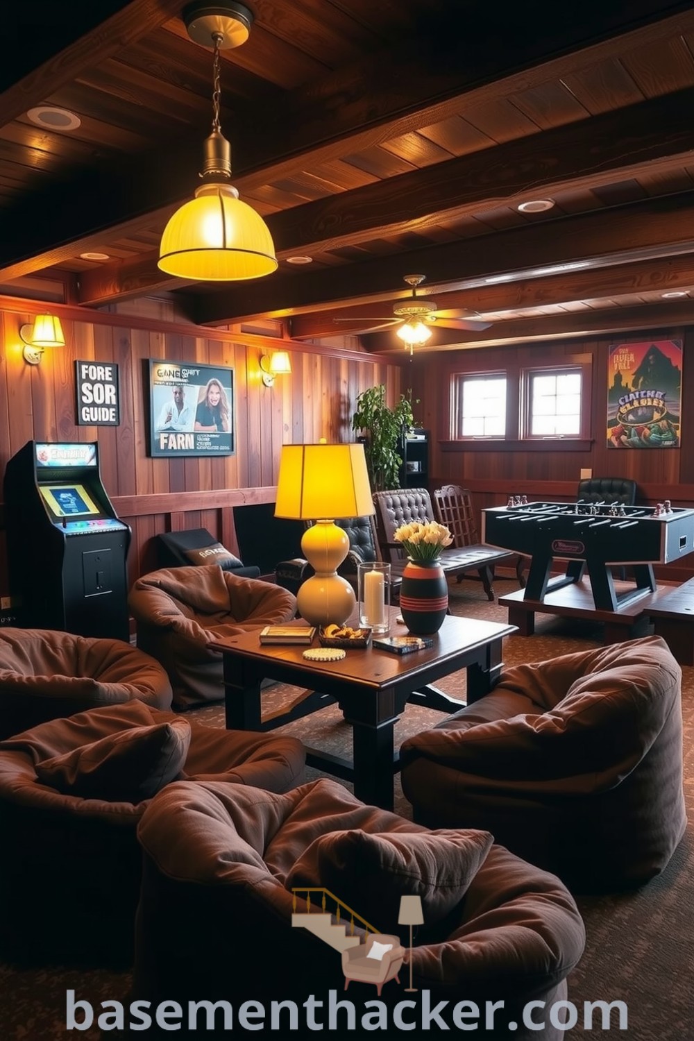 Rustic basement game room with wooden walls, bean bags, vintage lamps, an arcade machine, and a foosball table, ideal for cozy, playful gatherings, featured on basementhacker.com.