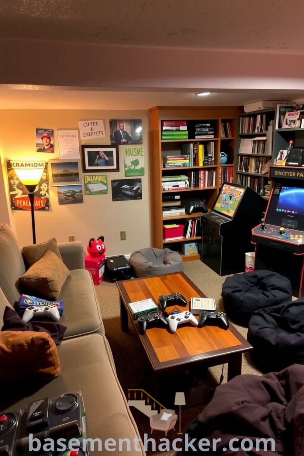 Comfortable and inviting basement retreat with a plush sofa, vintage lamp, game controllers on a wooden coffee table, and a bookshelf filled with board games, ideal for stylish and functional home design, showcased on basementhacker.com.