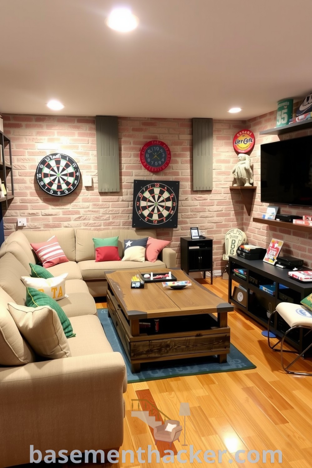 Charming basement game room featuring an L-shaped sofa, wooden coffee table, and exposed brick walls, designed for ultimate entertaining and innovative ideas for designing cozy spaces, as seen on basementhacker.com.