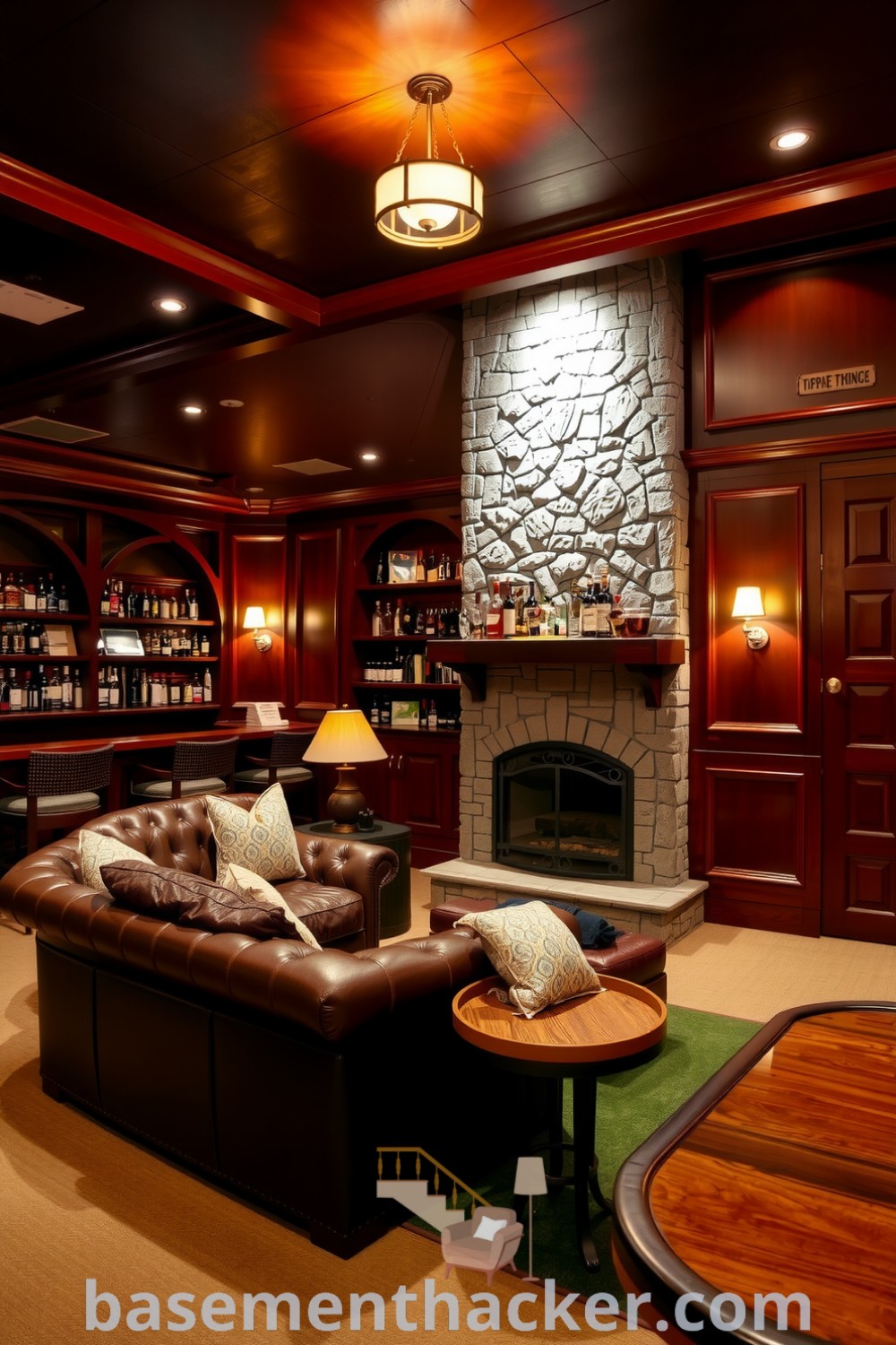 Luxurious basement whiskey lounge featuring rich mahogany paneling, a leather sofa, a hand-carved wooden bar, and soft ambient lighting, ideal for ultimate entertaining, presented on basementhacker.com.