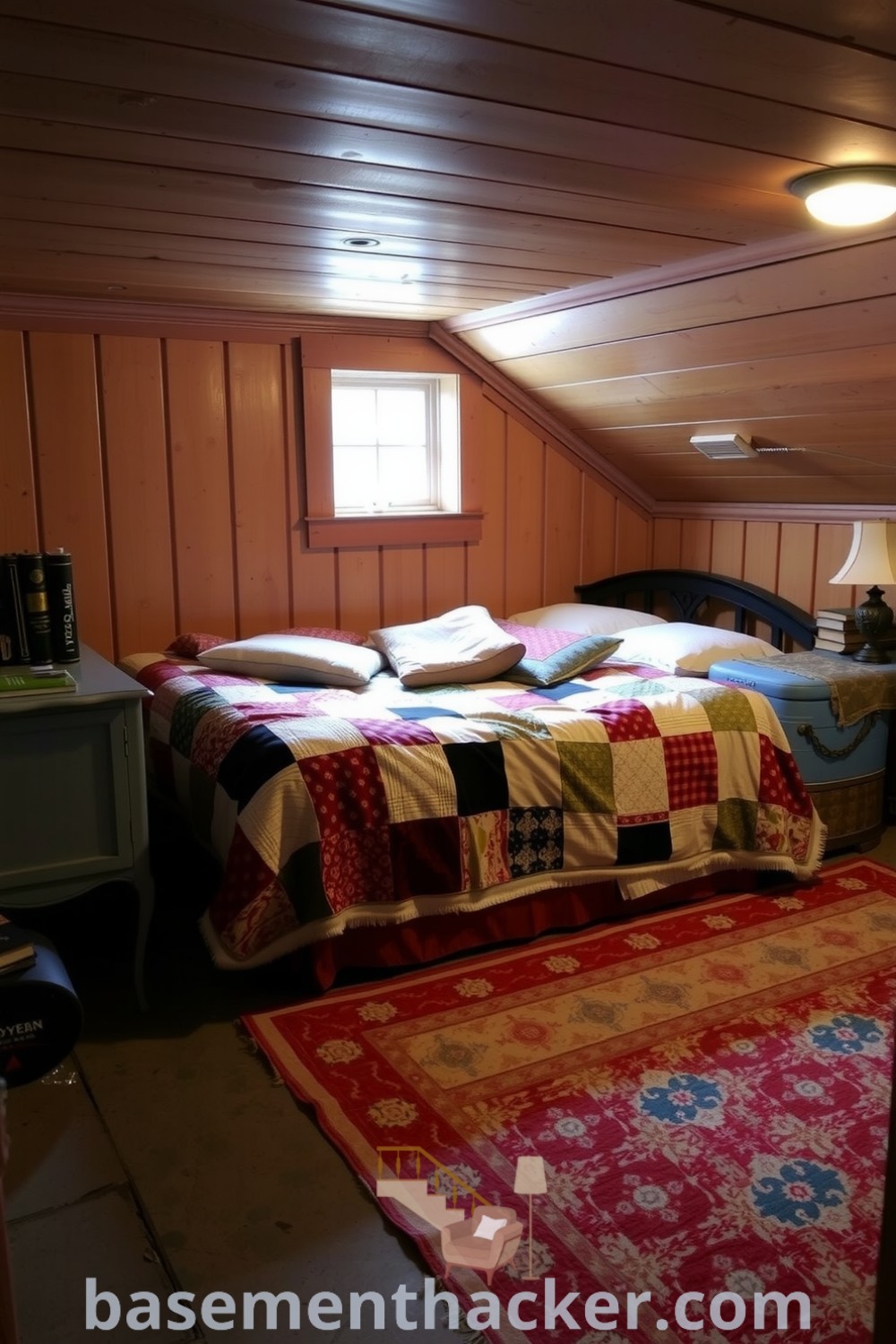 Cozy basement bedroom featuring a warm bed with layered blankets, a soft area rug, vintage bedside tables, and a small window for natural light, perfect for a stylish and functional home design, presented on basementhacker.com.