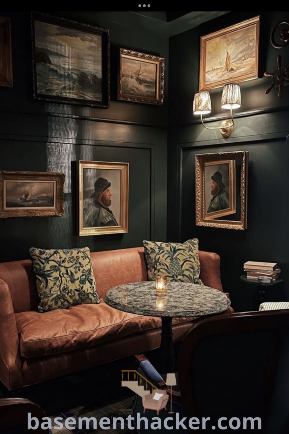 A stylish living room resembling an English gentleman’s club with furniture, speakeasy wall paint, and vintage decor. Featuring innovative ideas for designing a cozy and functional space, it offers inspiration for a gentlemen