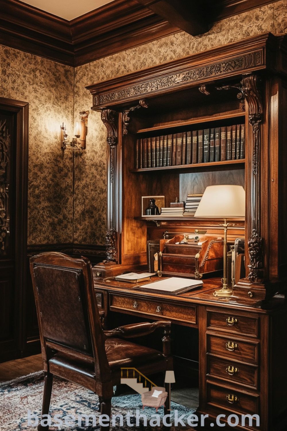 Classic oak basement office with intricately carved desk and warm lighting, featuring vintage decor, leather-bound books, and a plush rug for a cozy and organized home design, showcased on basementhacker.com.