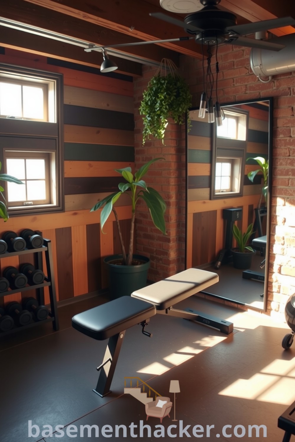 Inviting basement gym featuring reclaimed wood finishes, exposed brick walls, a weight bench, and potted plants, ideal for a stylish and functional home design, found on basementhacker.com.