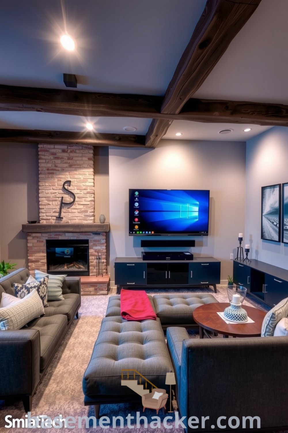 Stylish smart-tech basement living room featuring a grey sectional sofa, stone fireplace, and rustic design elements for a cozy and organized home, perfect for ultimate entertaining, showcased on basementhacker.com.