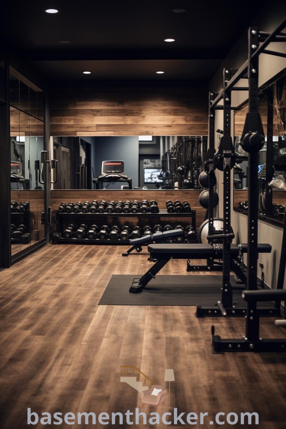 A modern home gym featuring an empty space with rows of exercise equipment, ideal for gym basement design ideas and innovative home gym setups. This stylish workout area focuses on functionality and aesthetics, offering inspiration for creating the ultimate personal fitness space. Find more design ideas at basementhacker.com.