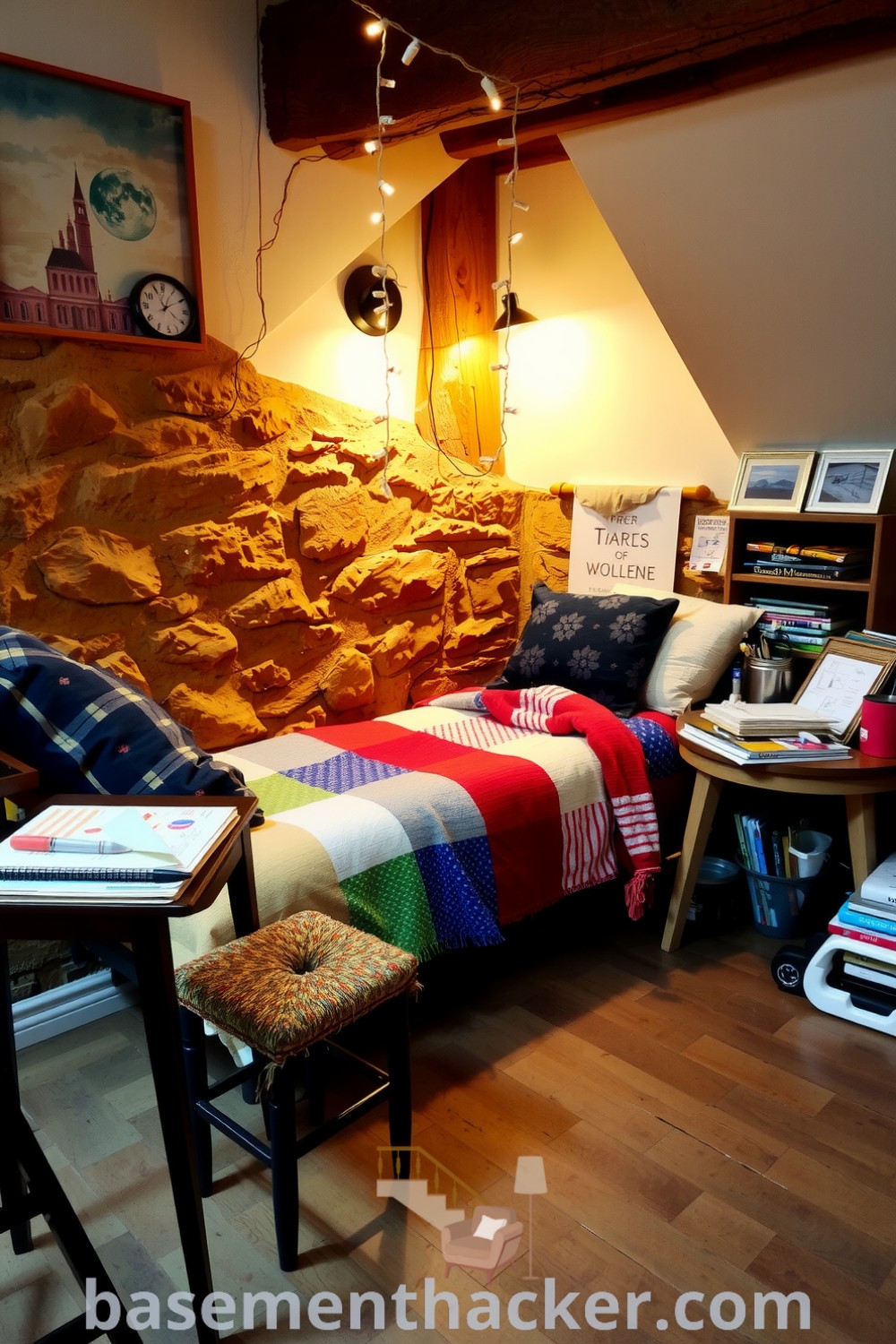 Inviting basement bedroom with painted stone walls, twin bed with vibrant blankets, soft string lights, and a creative desk setup, perfect for a cozy and organized home, featured on basementhacker.com.