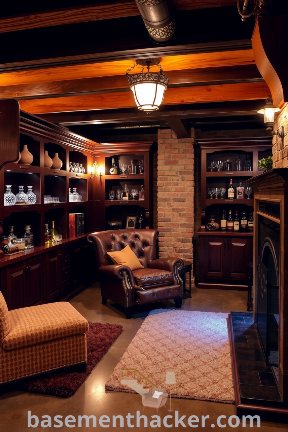 Stylish whiskey lounge featuring mahogany cabinets, crystal decanters, and rustic decor with exposed brick walls and polished concrete floors, creating a cozy atmosphere, highlighted on basementhacker.com.